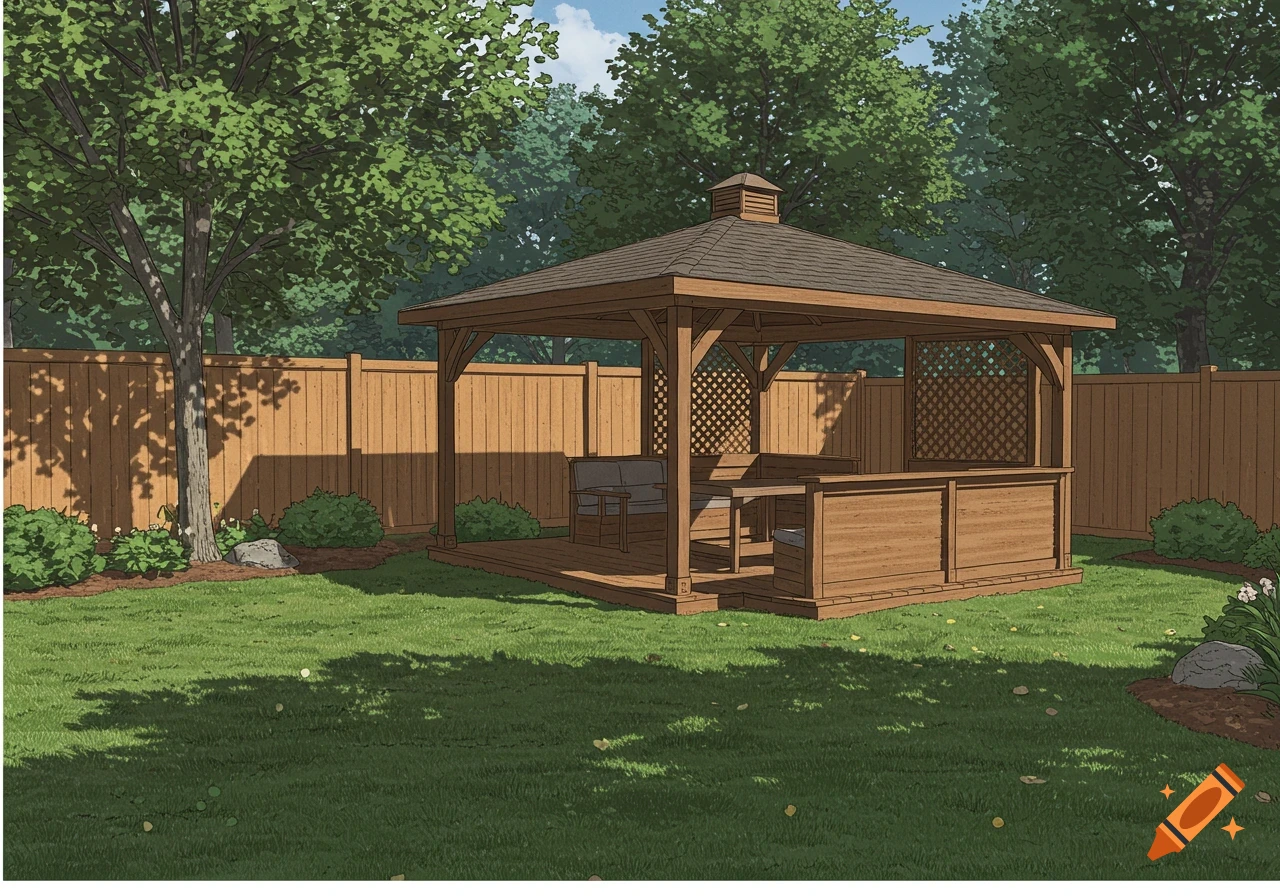 An illustrated backyard scene featuring a wooden timber pavilion with a privacy wall, surrounded by green grass, trees, and a cedar privacy fence.