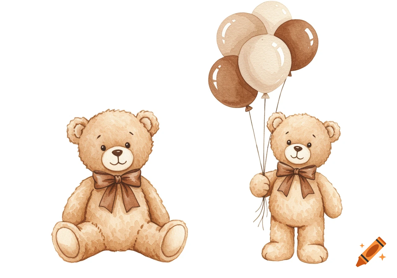 Two watercolor teddy bears, one sitting, and one standing holding a bunch of brown and neutral balloons.