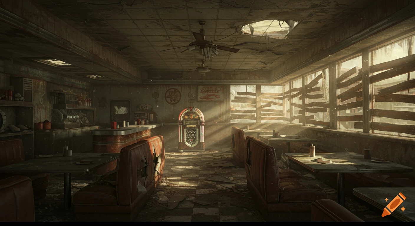 A desolate, decaying 1950s-style diner interior with ripped booths, a broken jukebox, and sunlight streaming through boarded-up windows, evoking a post-apocalyptic atmosphere.
