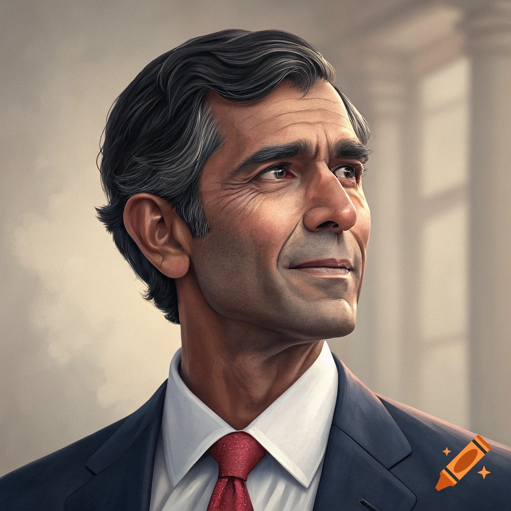 Close-up portrait of a man with graying hair in a dark suit and red tie, looking thoughtfully upwards.