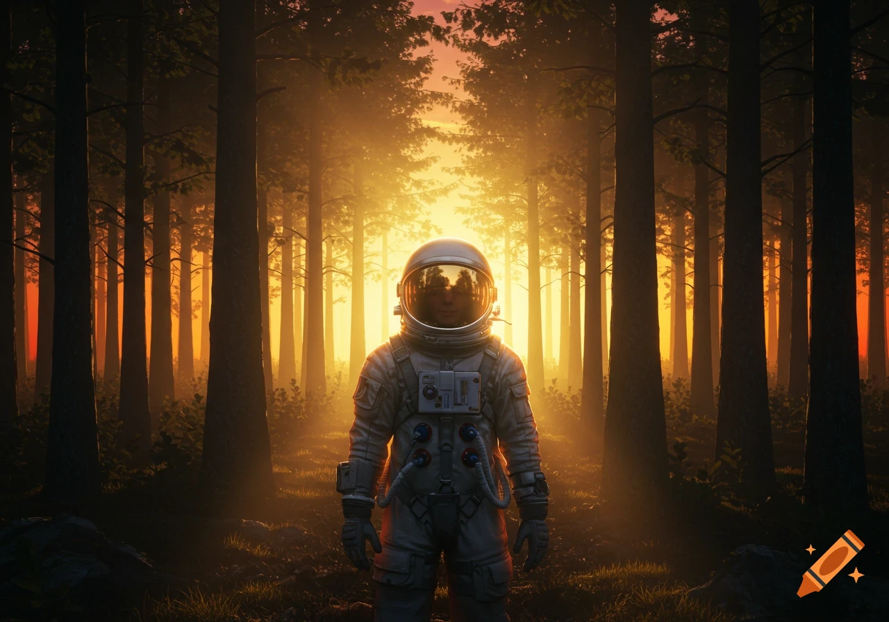 Photorealistic image of an astronaut standing in a forest with tall trees against an orange sunset.