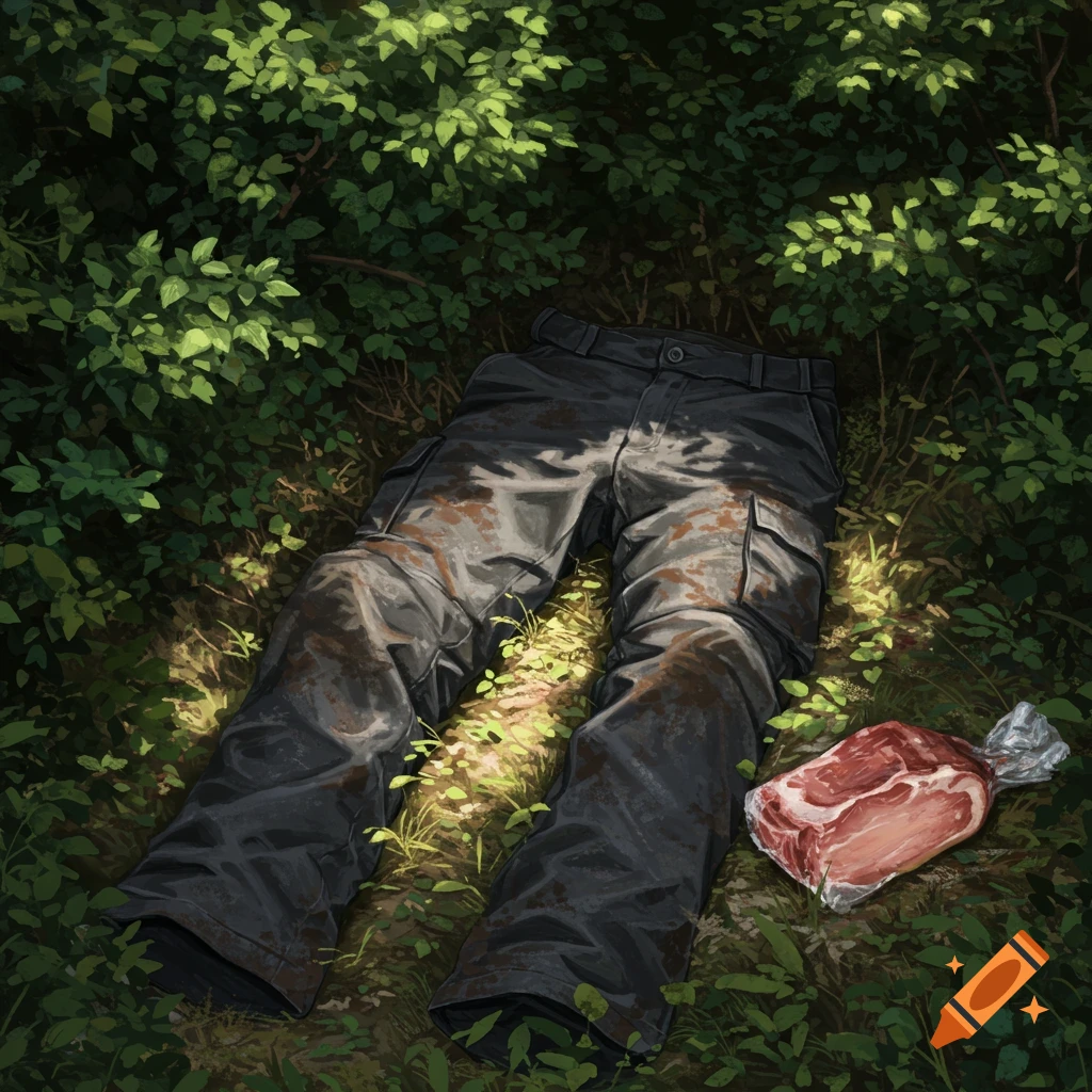 Dirty black pants and a packaged raw gammon joint lie on the ground in a sunlit, leafy bush, digital painting.