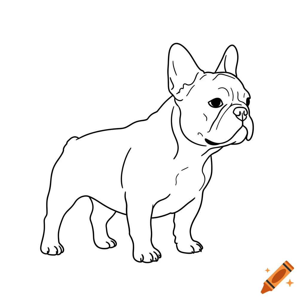 A black and white line art outline of a French bulldog standing.