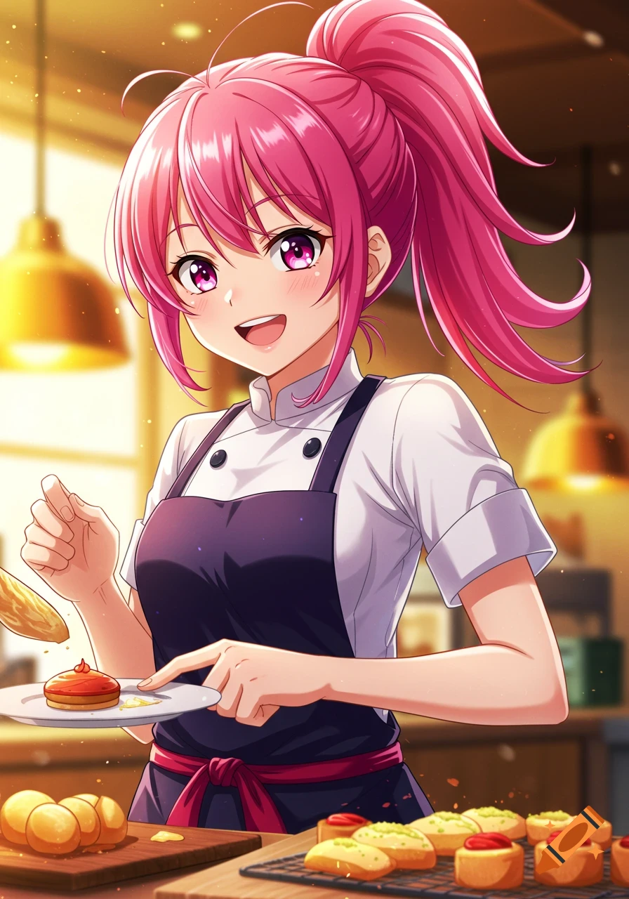 A cheerful anime girl with pink hair in a chef's uniform prepares a dessert in a bright kitchen.