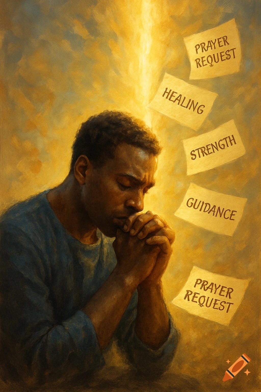 A painting of a man praying with hands clasped, illuminated by golden light, with floating notes like 'HEALING' and 'STRENGTH'.