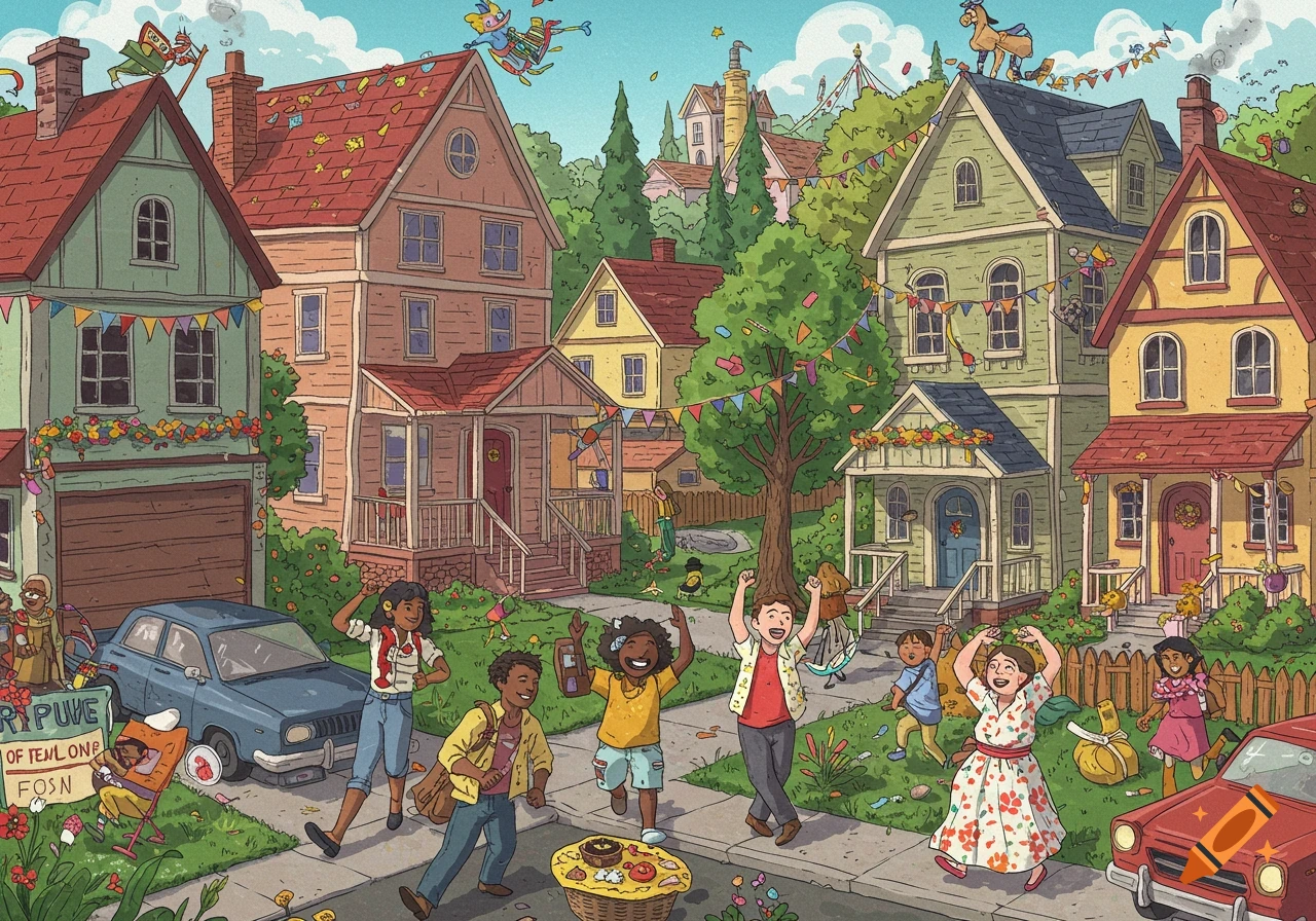 Vibrant illustration of a diverse neighborhood street party with children celebrating and confetti in the air.