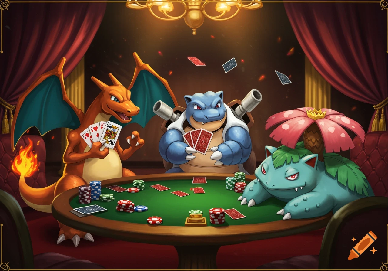 Charizard, Blastoise, and Venusaur playing poker at a green table with poker chips and cards in a warmly lit room with red curtains.