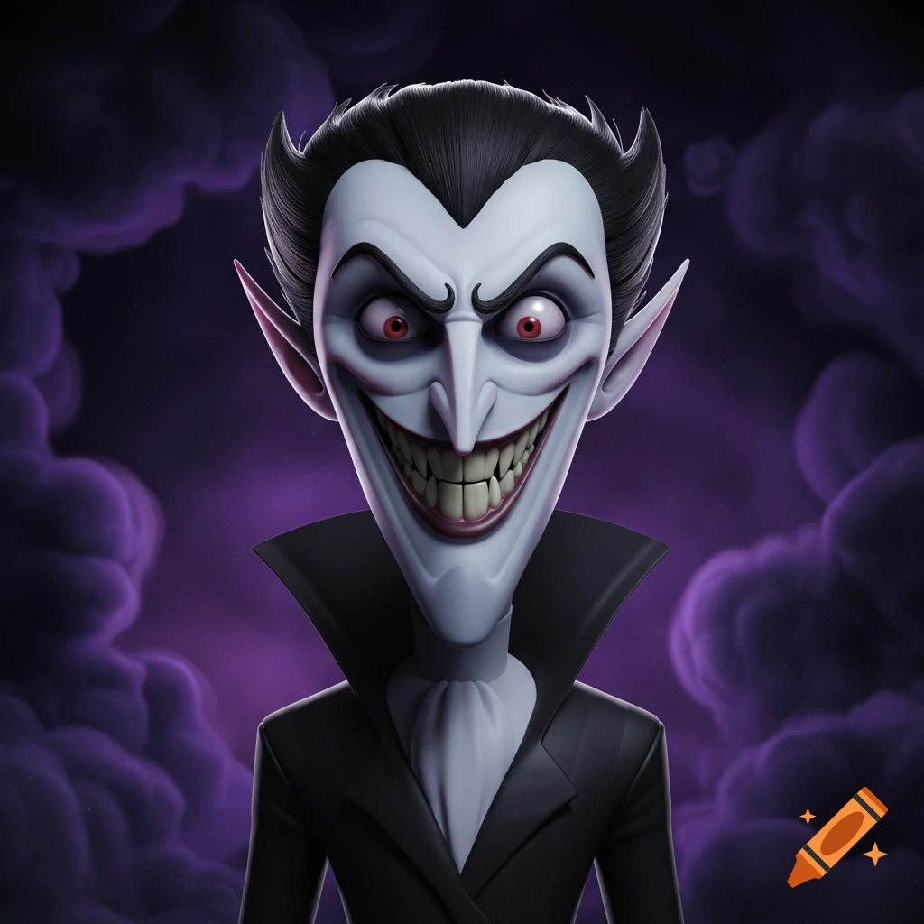 A stylized cartoon character resembling a vampire with pale skin, sharp teeth, red eyes, and a wide grin, against a purple smoky background.