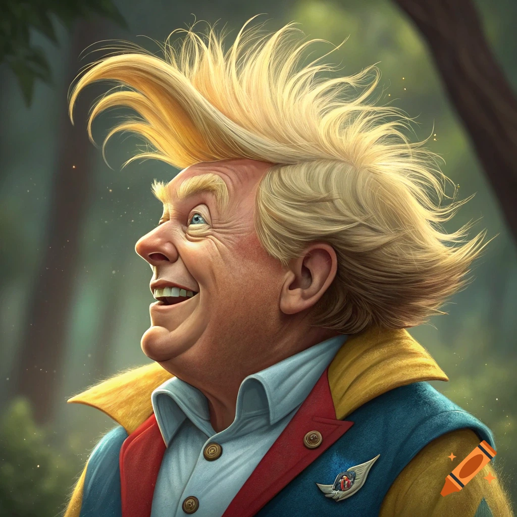 Stylized portrait of a man with wild blond hair and a wide grin, wearing a colorful jacket against a blurry green background.