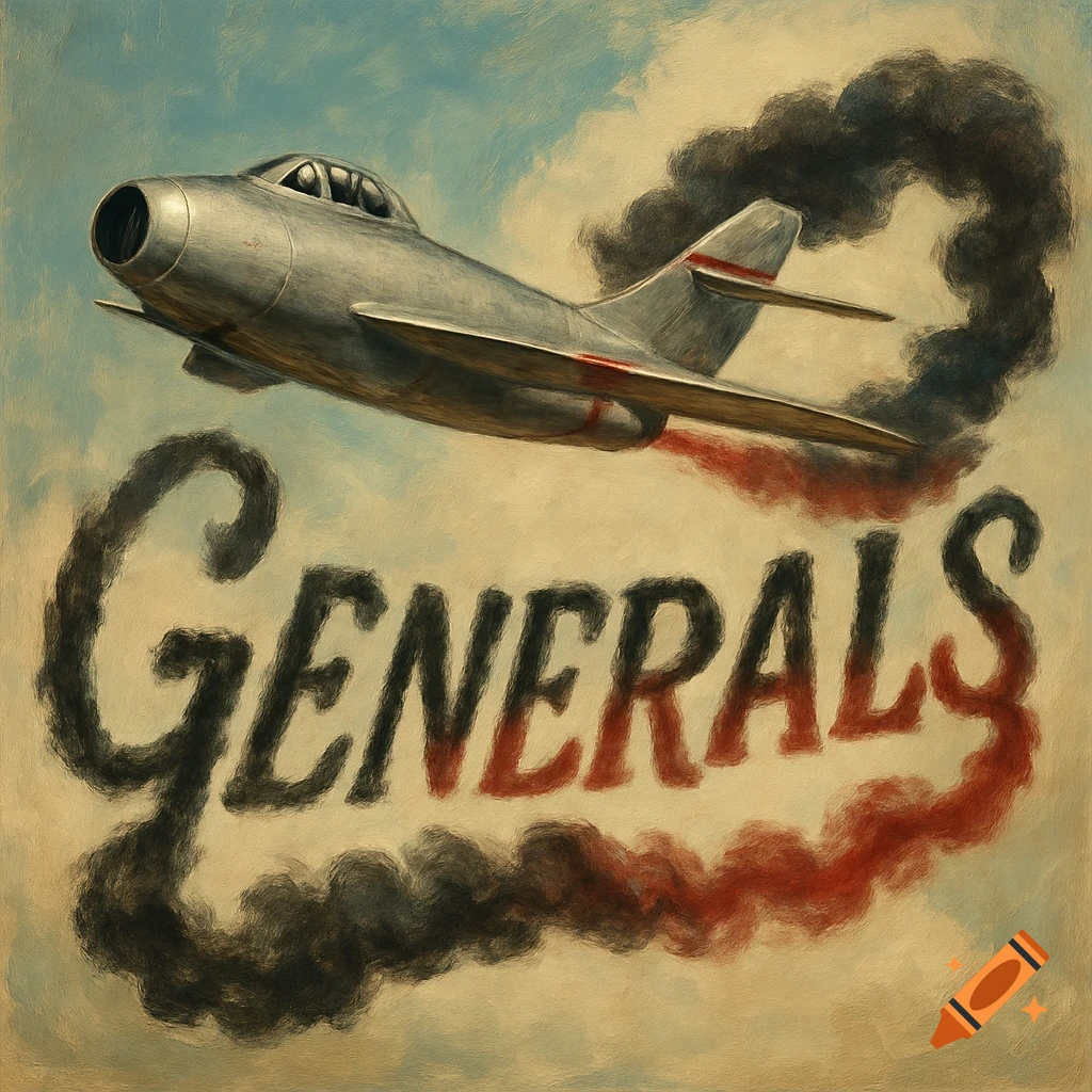 A vintage-style painting of a silver jet flying against a blue and beige sky, with black and red smoke spelling out 'GENERALS'.