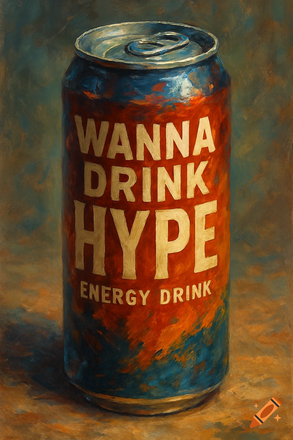 A vibrant, painterly depiction of an orange and blue energy drink can labeled 'WANNA DRINK HYPE ENERGY DRINK'.