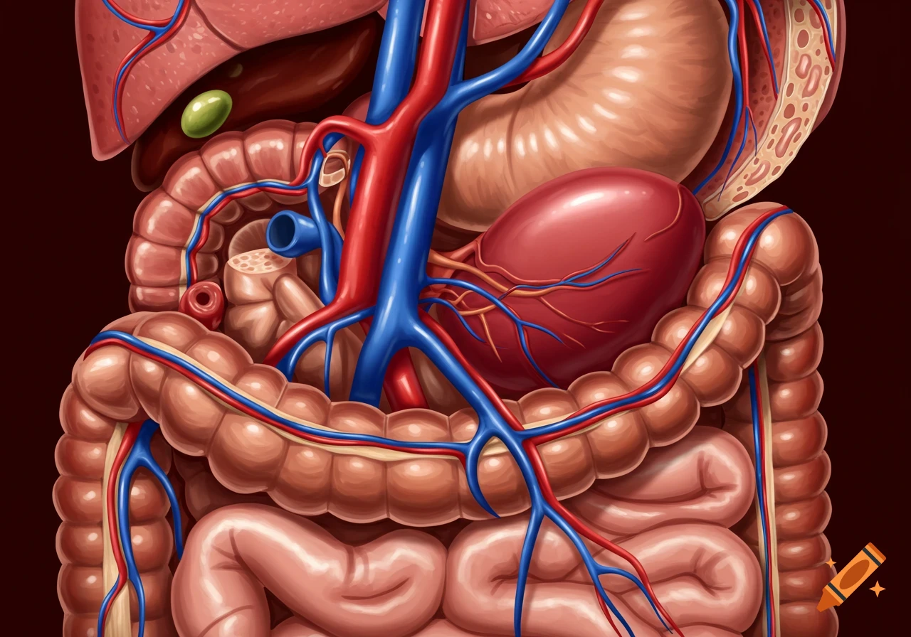 Detailed medical illustration of human internal organs, including digestive system, liver, kidney, and major blood vessels.