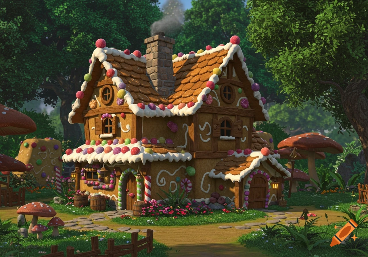 A whimsical gingerbread house adorned with colorful candies and frosting in a lush green forest, with large mushrooms and a stone path.