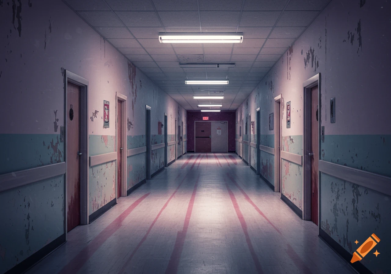 A long, dark, and dilapidated hallway with peeling paint, fluorescent lights, and red streaky marks on the floor, evoking a horror aesthetic.