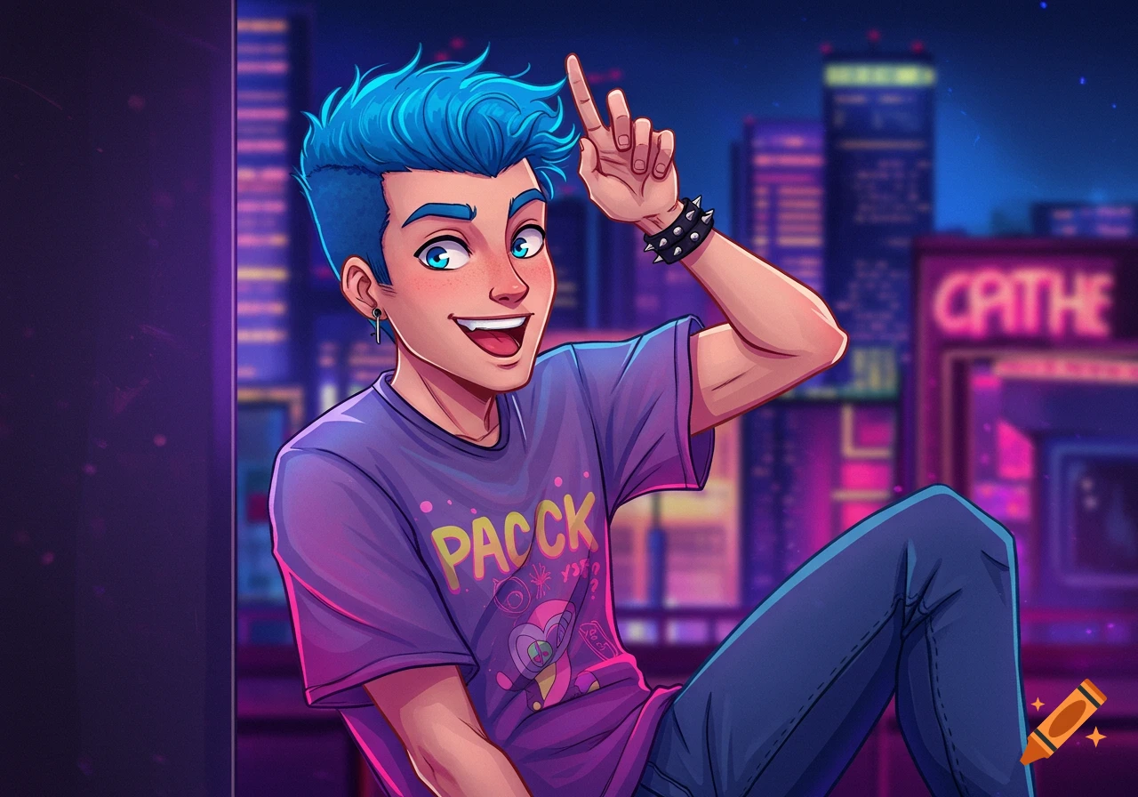 A smiling blue-haired man with a spiked bracelet sits against a futuristic city background, wearing a purple t-shirt with yellow text.
