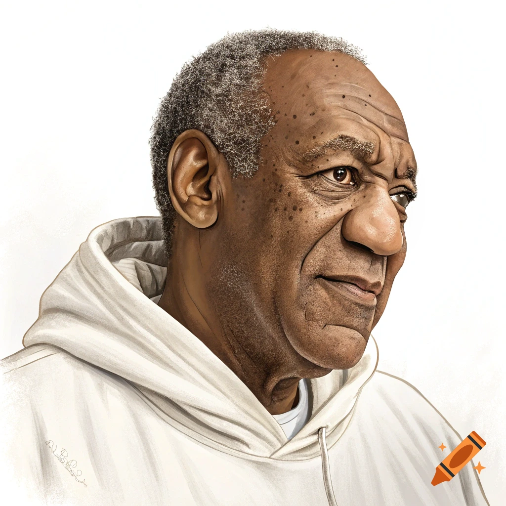Stylized portrait illustration of an older Bill Cosby in a white hoodie looking right.