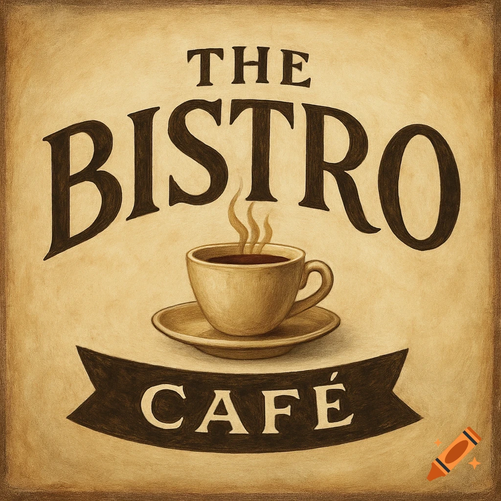 Vintage-style logo for 'The Bistro Cafe' with a steaming coffee cup, in sepia tones.