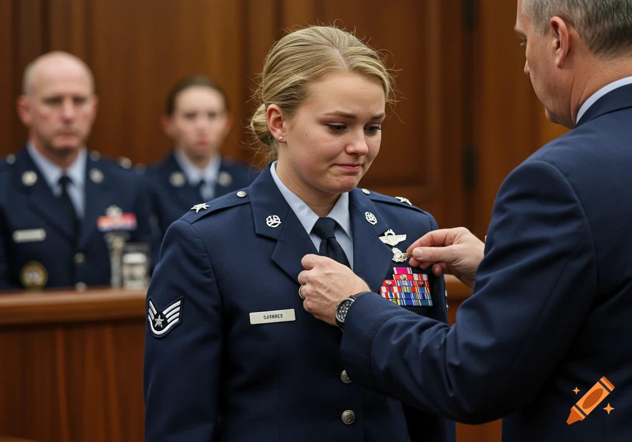 A female officer in a blue uniform looks on as a male officer adjusts medals on her chest. Two other officers are blurred in the background.