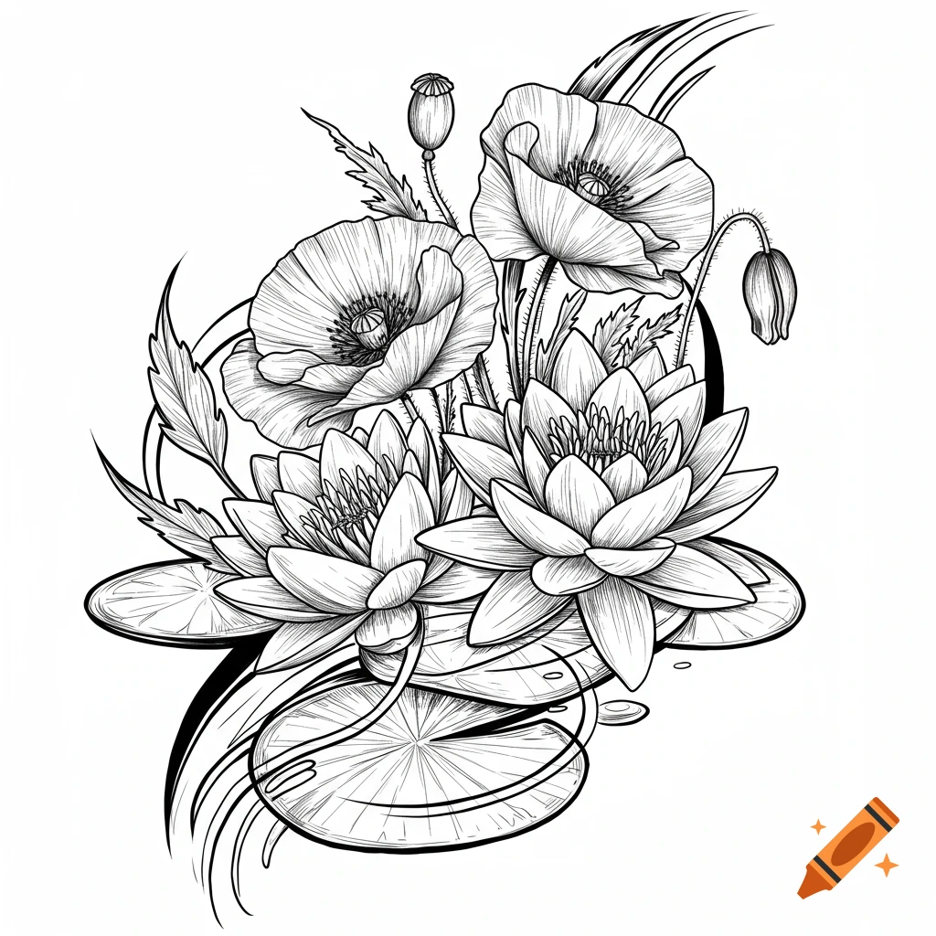 Black and white line art drawing of a bouquet featuring water lilies, poppies, and lily pads with decorative swirling lines.