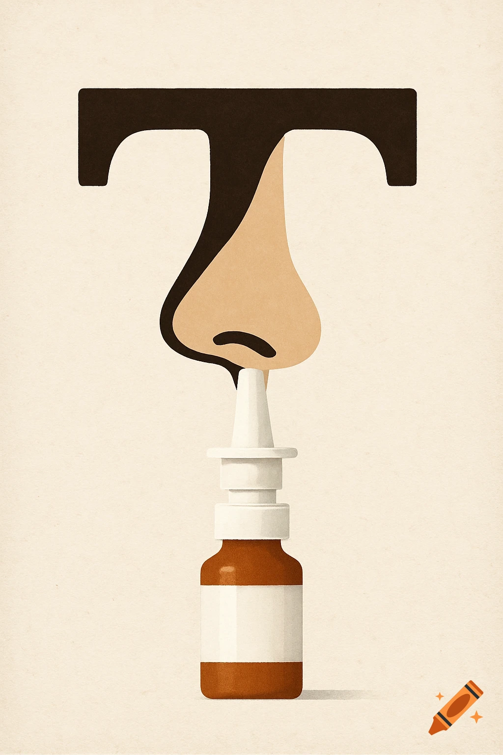 Minimalist illustration of a stylized letter T merging with a nose, connected to a white and brown nasal spray bottle.