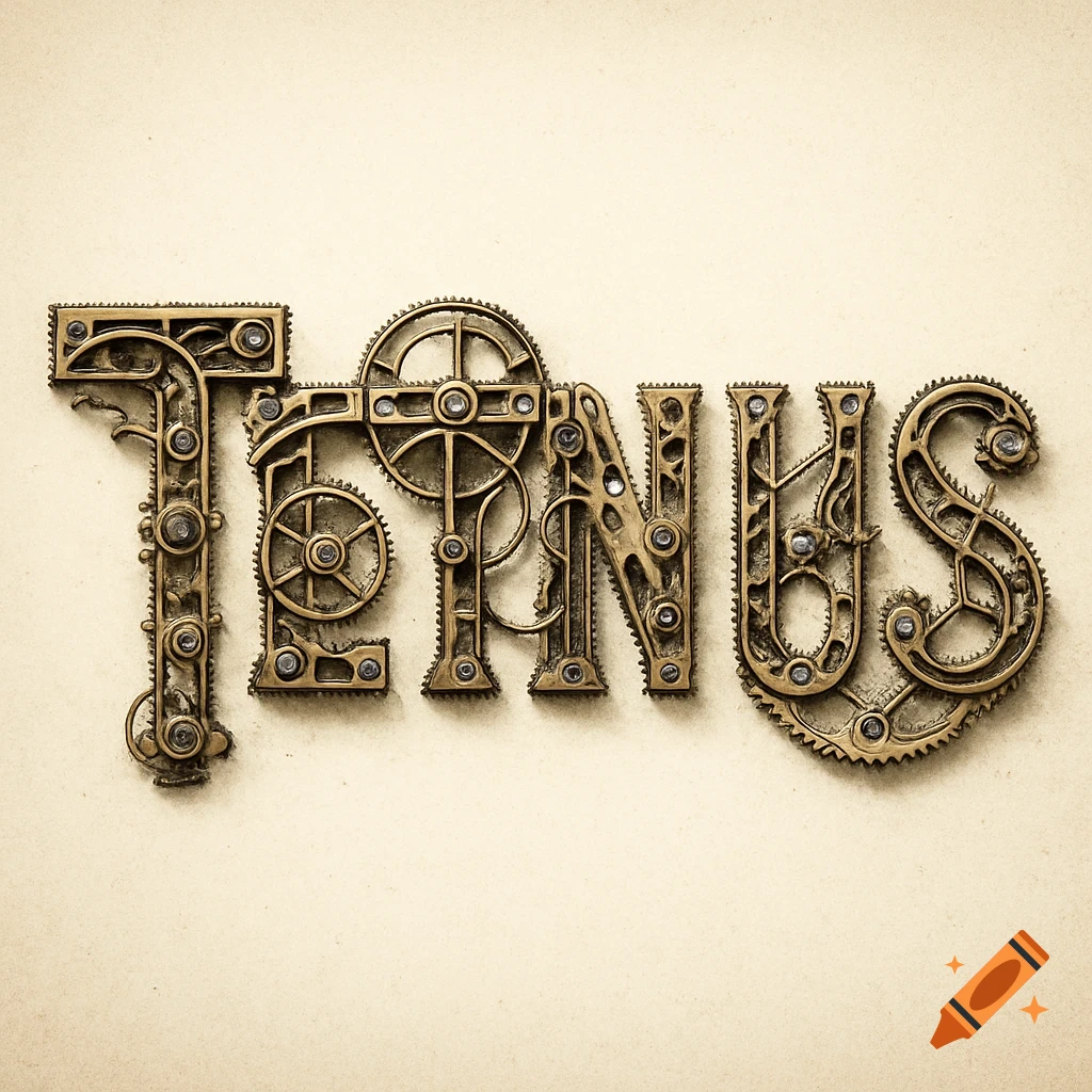 The word 'TETNUS' spelled out in intricate, mechanical letters resembling steampunk clockwork.