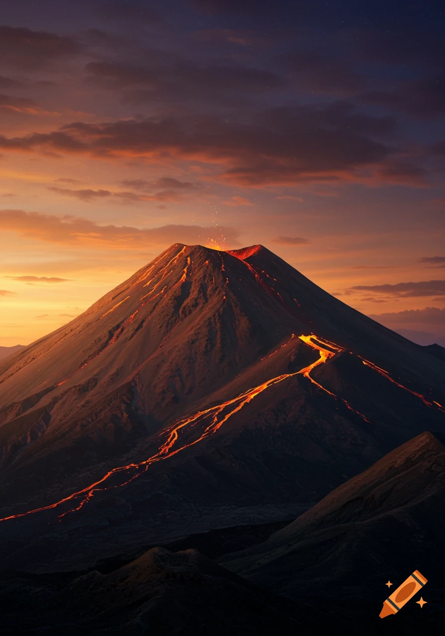 A dramatic photorealistic view of an erupting shield volcano with glowing lava flowing down its sides at sunset.