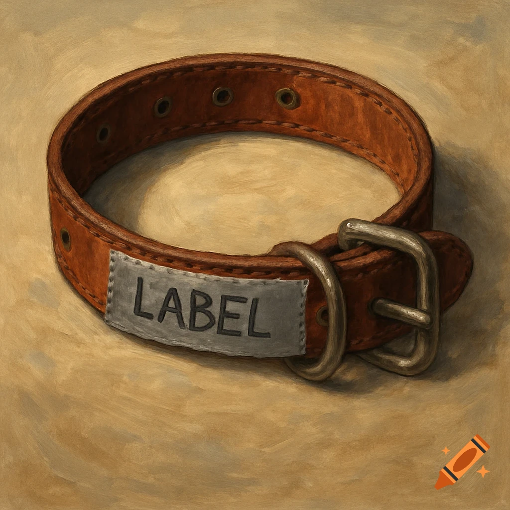 A painted brown leather dog collar with a silver tag reading 'LABEL'.