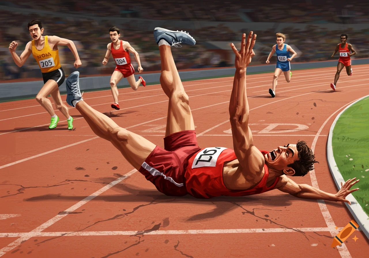 An athlete in a red uniform trips and falls on a running track during a race while other runners pass him.
