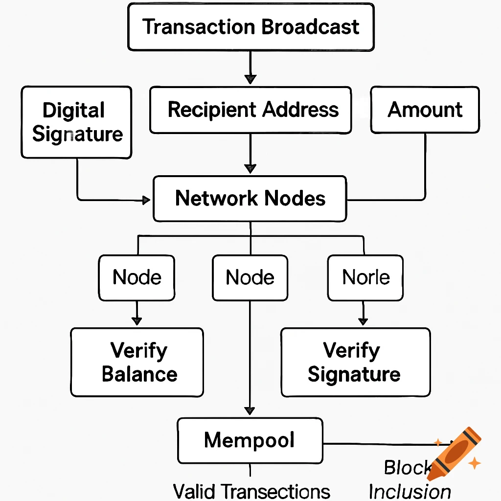 A simple flowchart illustrating the steps of a transaction broadcast, including digital signature, recipient address, network nodes, and mempool.