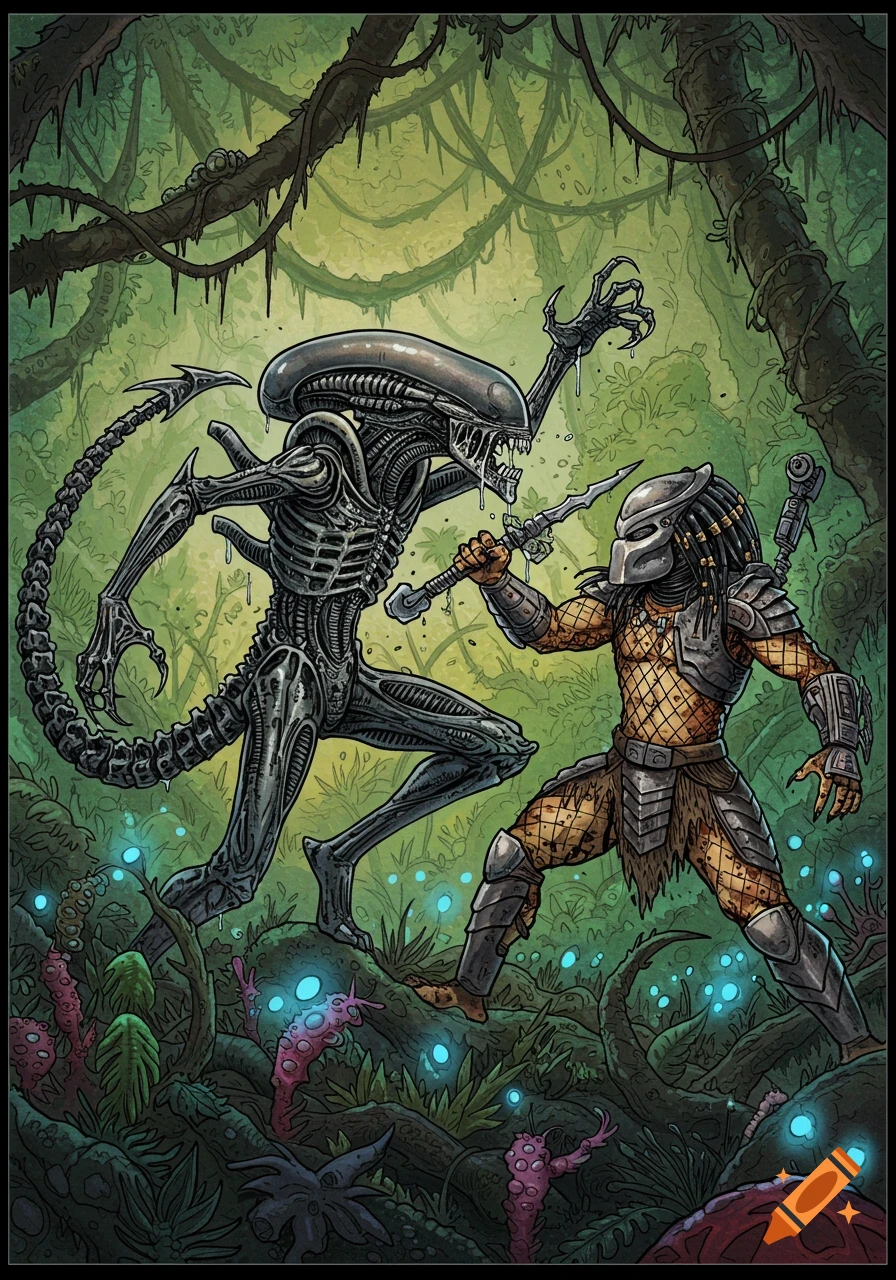 A comic book-style illustration of a grey Alien and a brown Predator fighting in a lush green jungle with glowing plants.