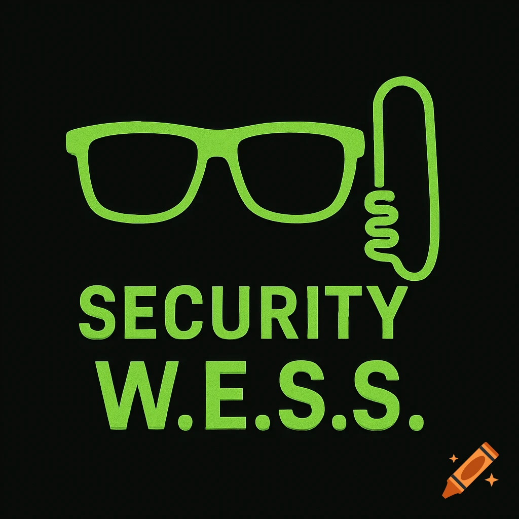Green logo on black background featuring sunglasses, an earpiece, and the text 'SECURITY W.E.S.S.'.