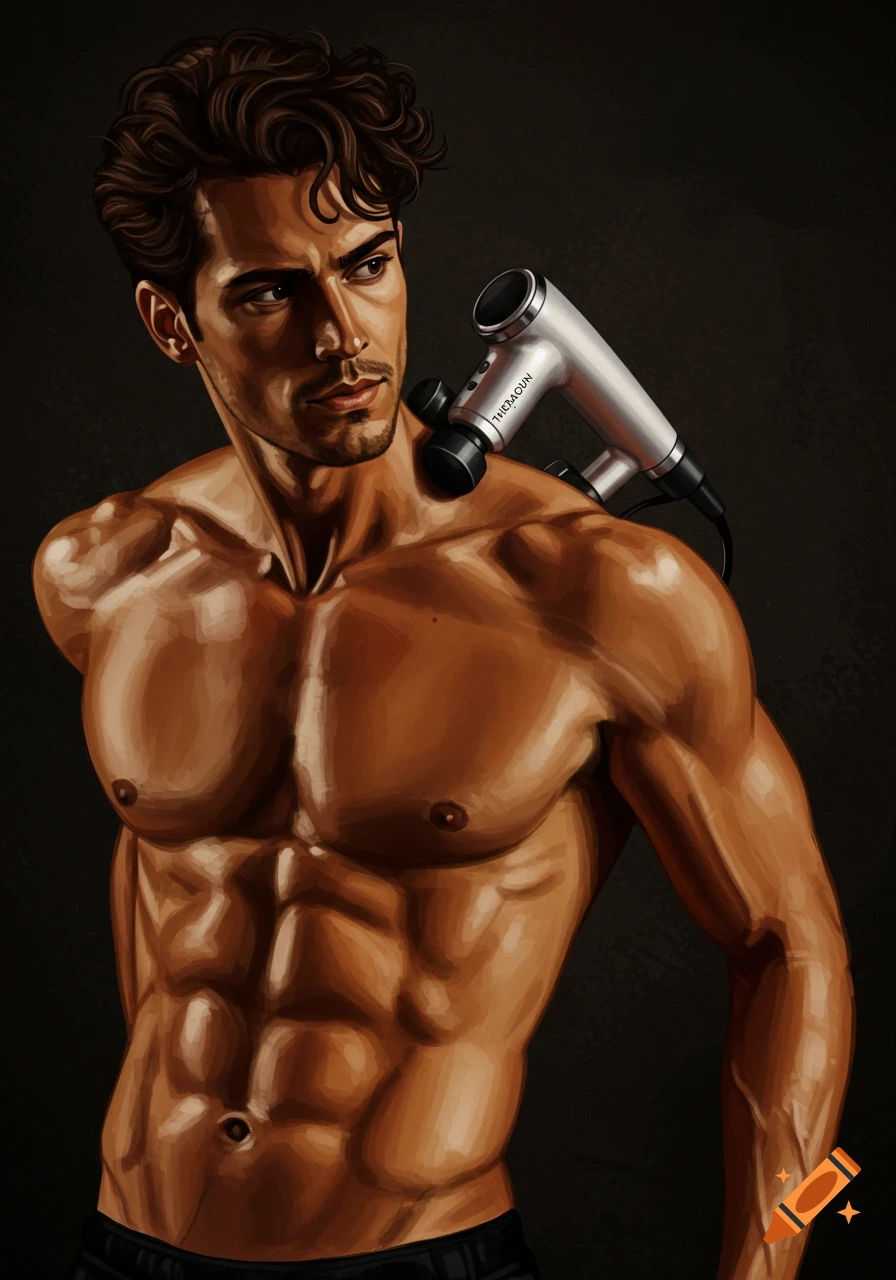 A digital painting of a shirtless, muscular man with a silver massage gun on his shoulder.