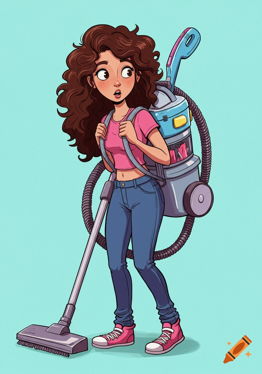 Cartoon woman with curly brown hair wearing a pink shirt and jeans, carrying a backpack vacuum cleaner.