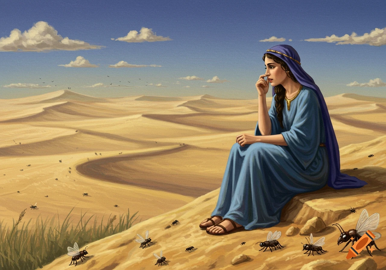 An illustration of a woman in blue and purple robes sitting thoughtfully on a desert hill surrounded by insects.