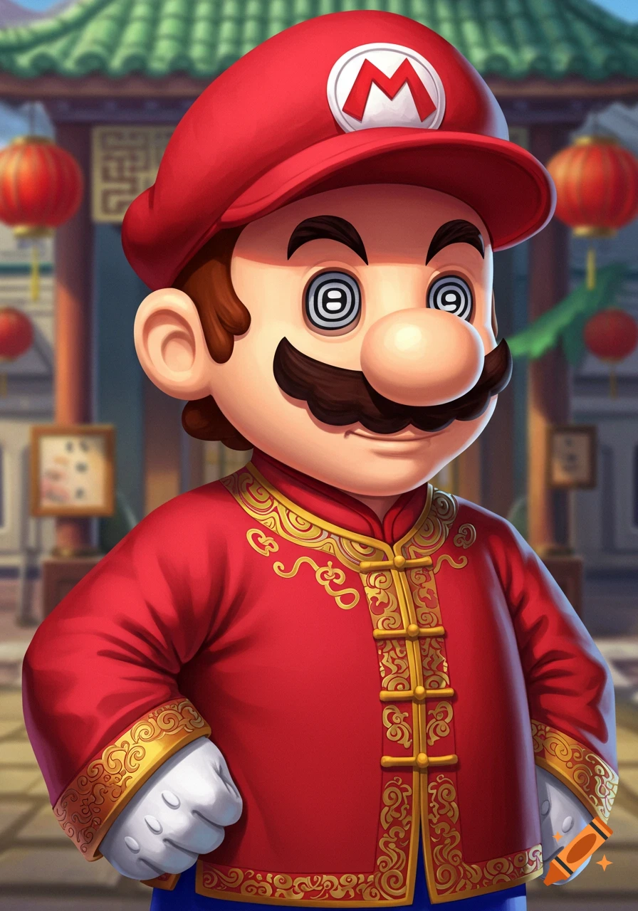 Mario character wearing a red traditional Chinese outfit with gold details and spiral eyes, standing in front of a building with lanterns.