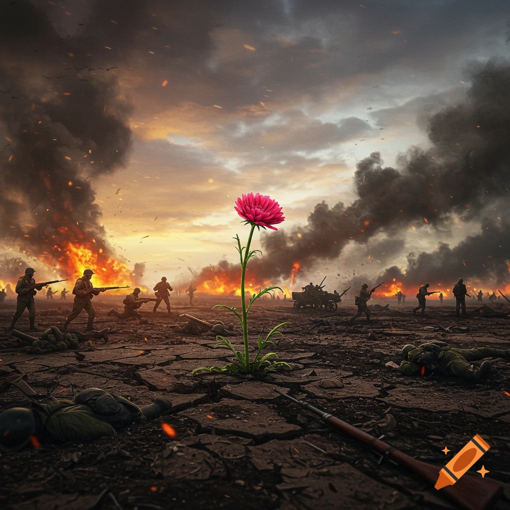 A vibrant pink flower blooms in a desolate warzone with explosions, smoke, and silhouetted soldiers.