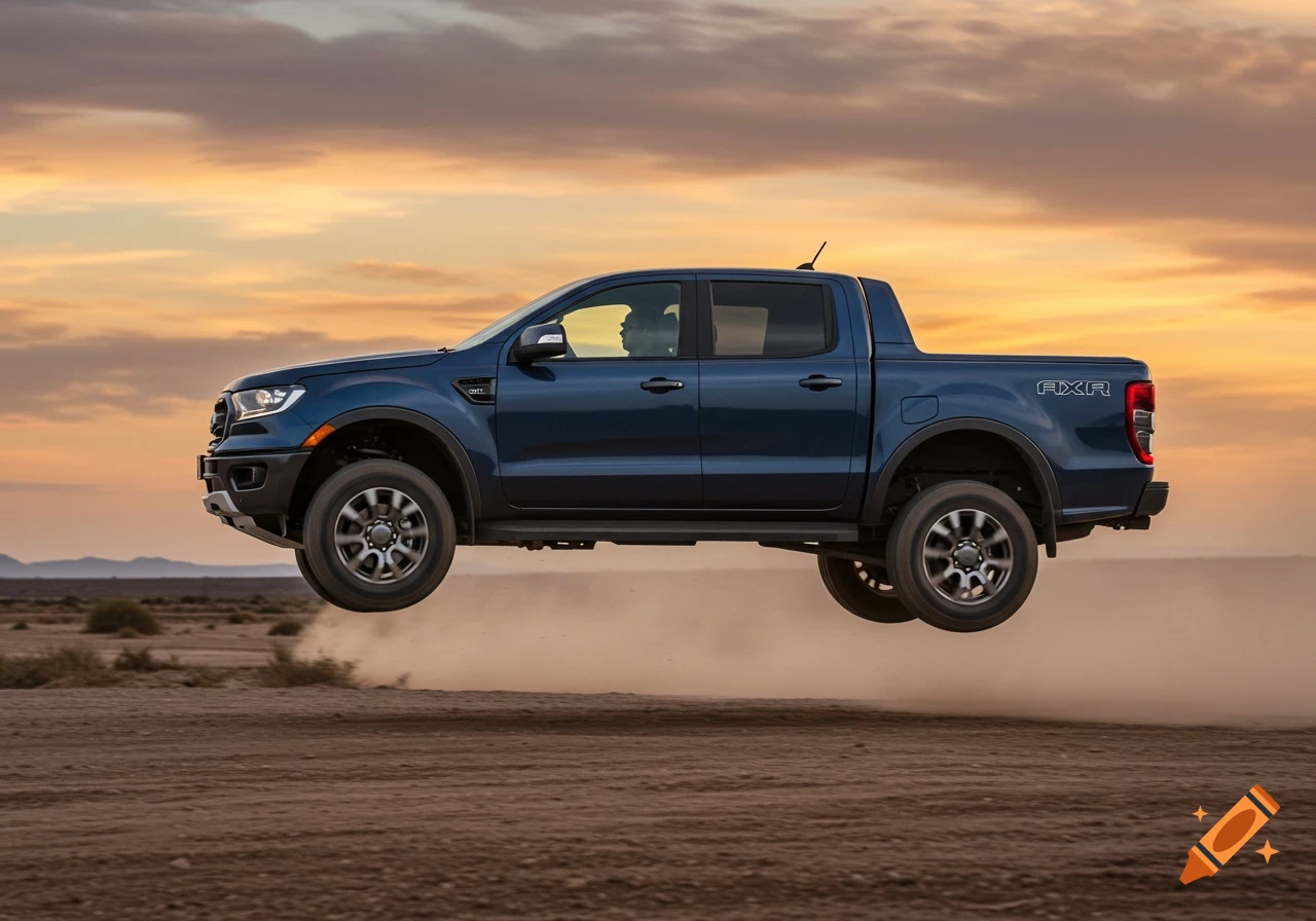 A dark blue Ford Ranger pickup truck jumps over a dirt road, kicking up dust at sunset.