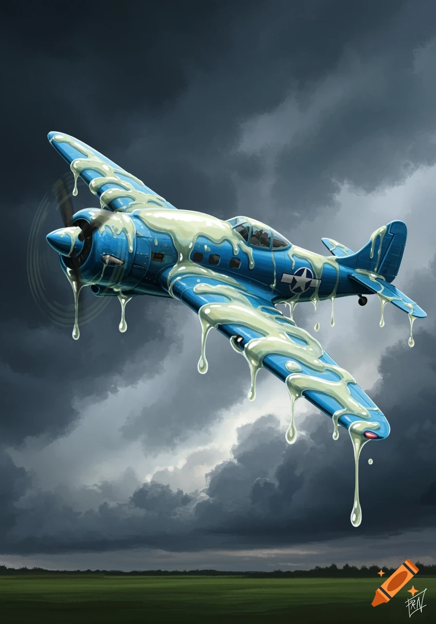 A blue fighter plane covered in dripping green goo flies over a green field under a stormy sky in a digital art style.