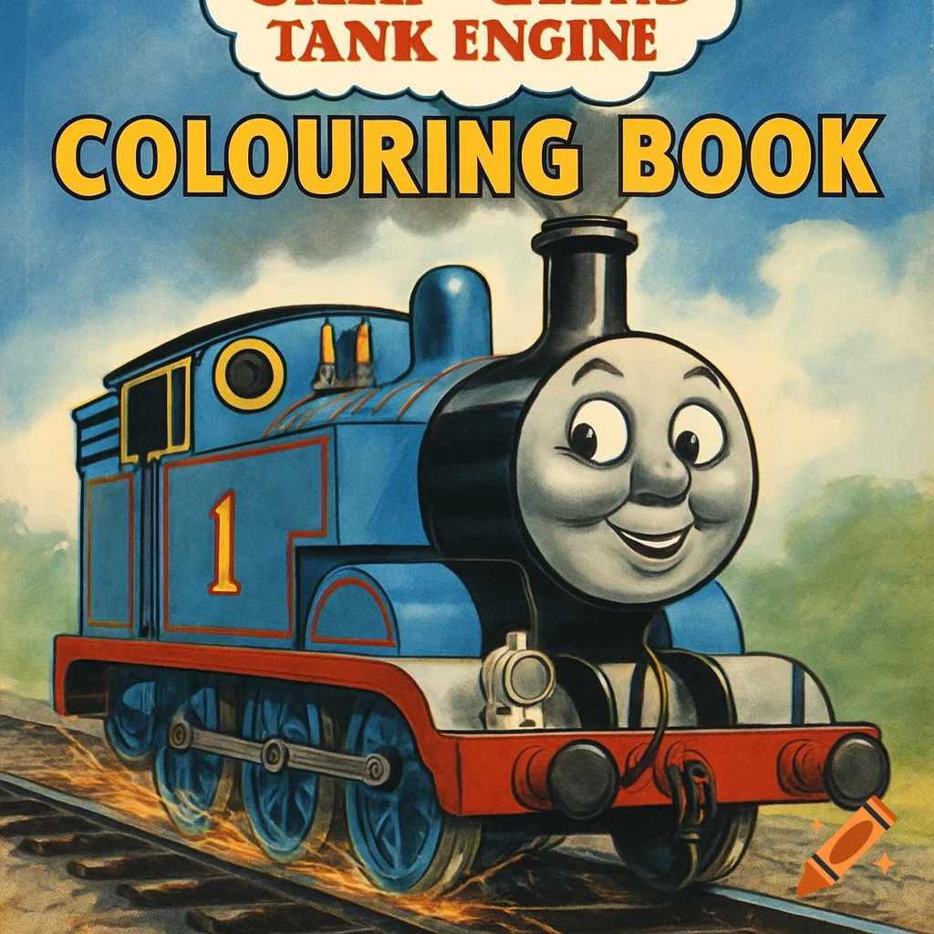 An illustrated cover for a Thomas the Tank Engine Colouring Book, showing Thomas on train tracks with sparks flying from his wheels.