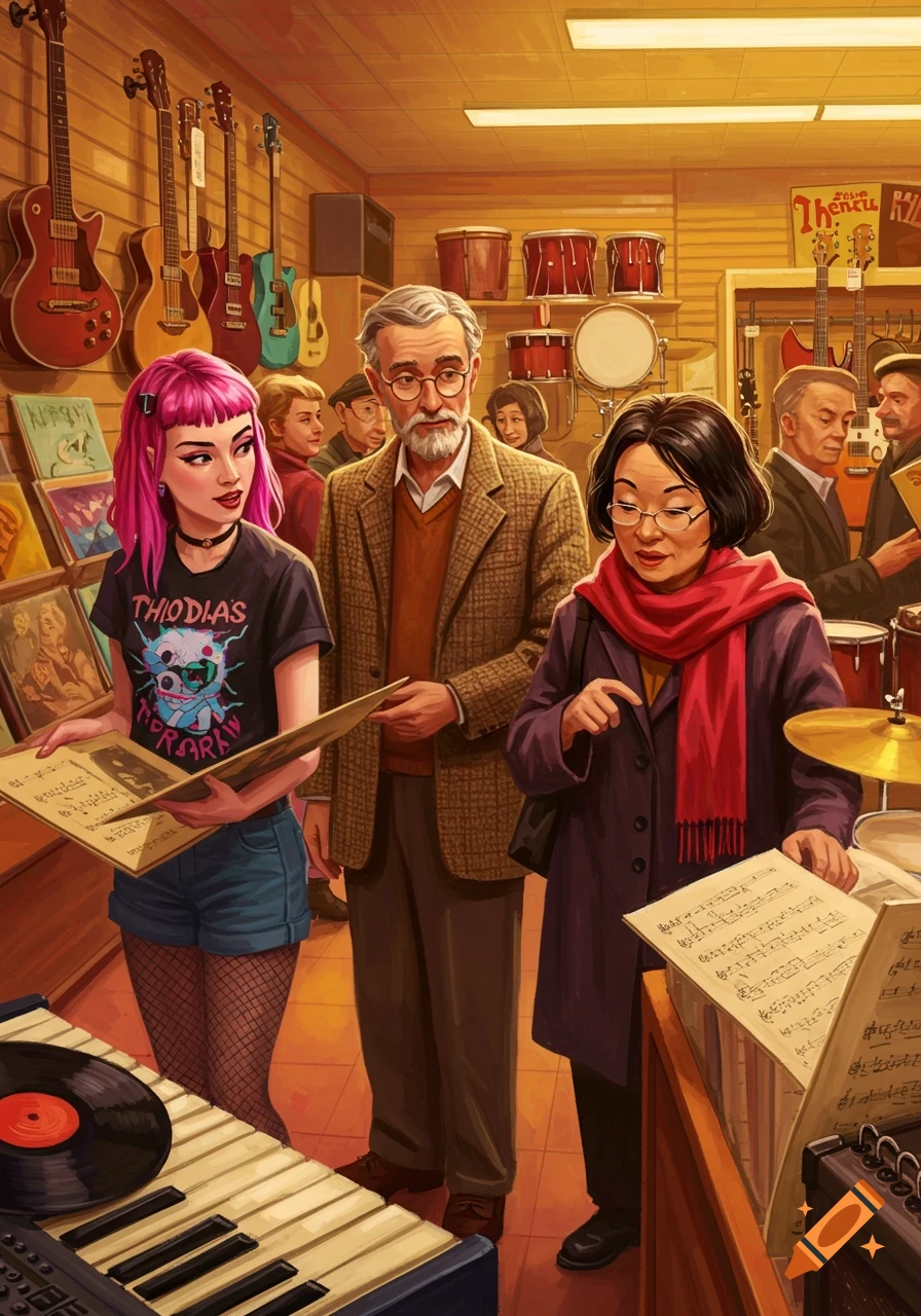 A group of diverse customers, including a pink-haired woman and an older couple, browse records and sheet music in a vibrant, illustrated music store with guitars and drums on display.