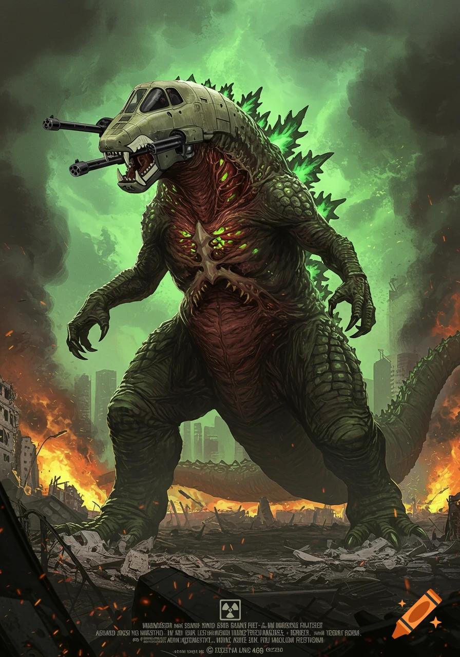 A large green Godzilla-like monster with exposed glowing organs and an A-10 Warthog head stands in a destroyed, burning city.