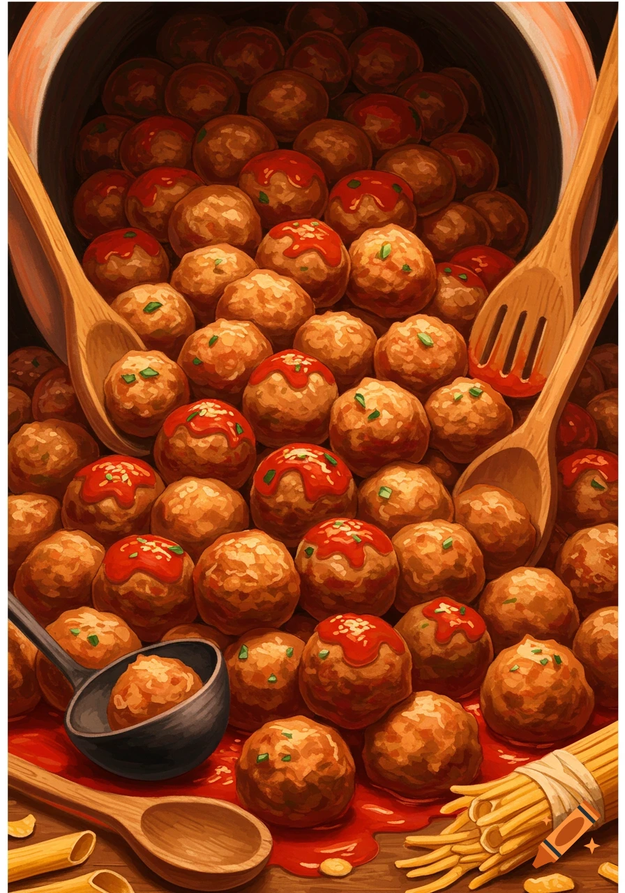 A large pot overflowing with sauced meatballs, with wooden spoons, a ladle, and dry pasta around its base.
