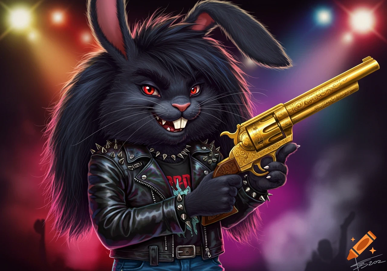 An anthropomorphic black rabbit with red eyes and long dark hair, wearing a studded leather jacket and holding a golden ornate revolver, stands against a blurry background with stage lights.