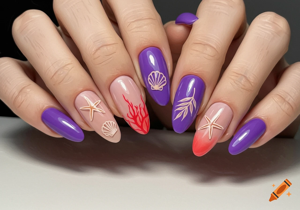 Close-up of hands with almond-shaped nails featuring purple, pink, and orange gradient polish with starfish, seashell, and coral designs.