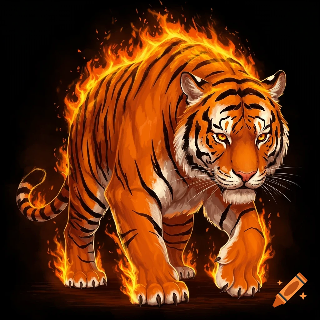 An orange tiger with black stripes and glowing yellow eyes walks forward, surrounded by bright orange and yellow flames against a black background.