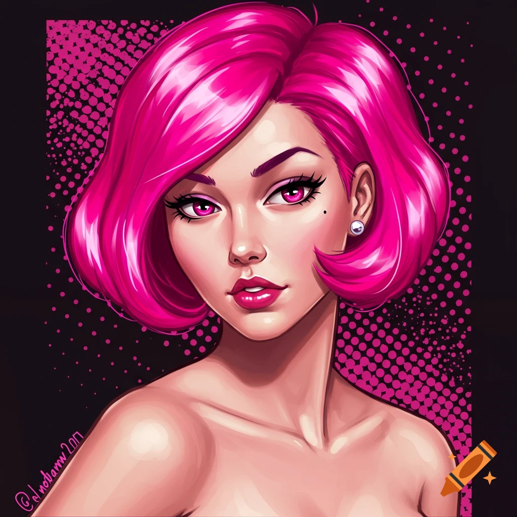 A stylized pop art portrait of a woman with short, bright pink hair and pink eyes, set against a black background with pink polka dots.