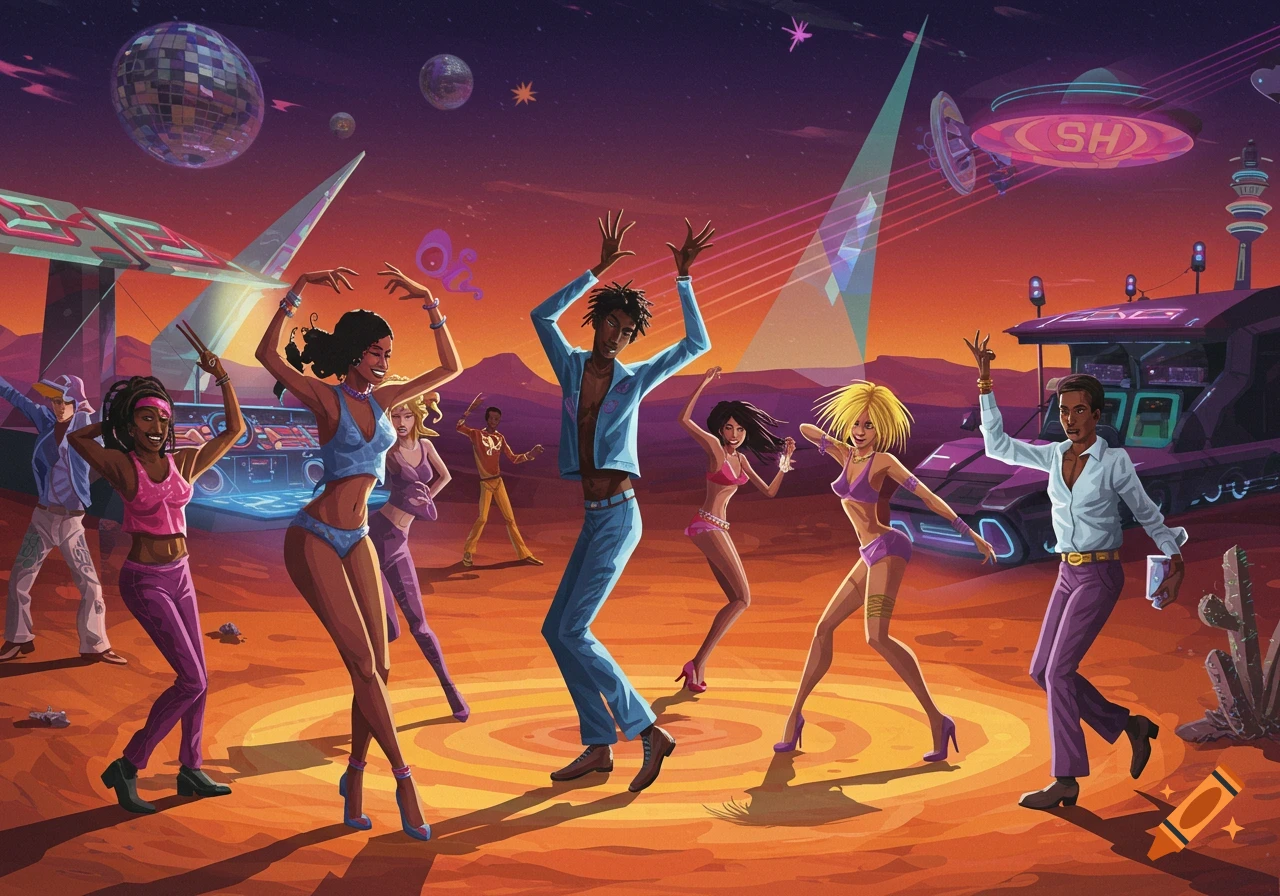 Colorful pop art surrealism painting of people dancing at a futuristic outdoor disco rave in a desert at sunset, with a disco ball planet and UFOs.
