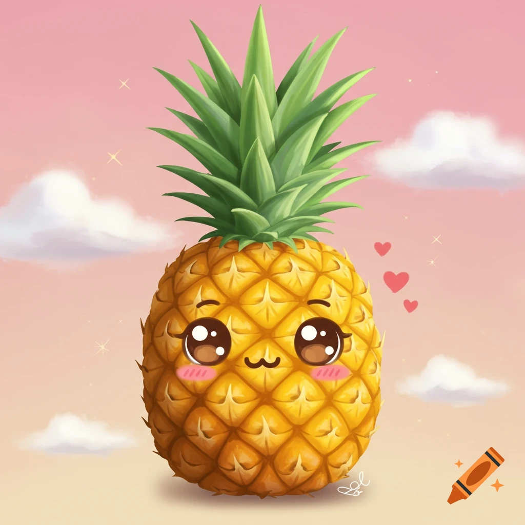 A cute kawaii pineapple with a smiling face and blush marks, floating against a pink sky with clouds and hearts.