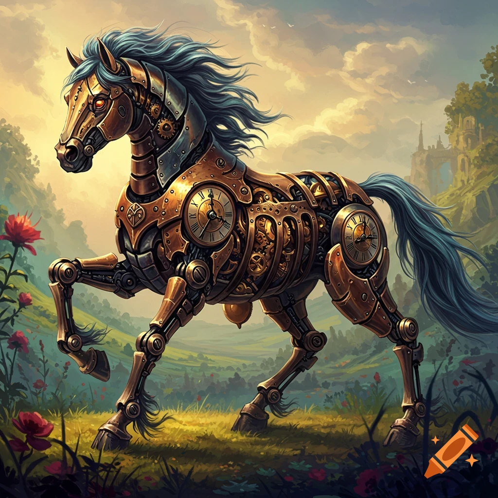A majestic steampunk horse with bronze gears and clock faces, a blue mane and tail, runs through a green field with red flowers.