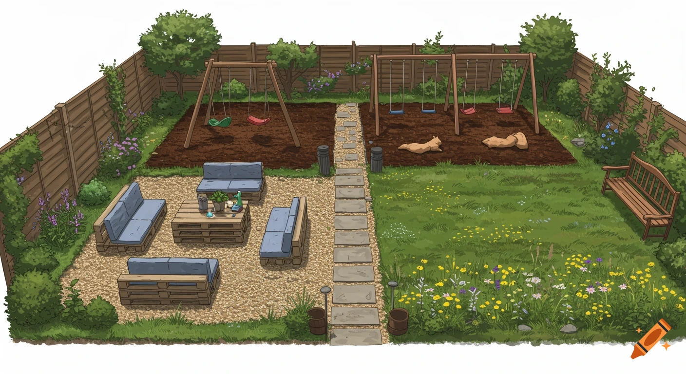An aerial view illustration of a rectangular garden divided into three zones: a gravel patio with pallet furniture, a dirt play area with two swing sets, and a wildflower lawn with a bench.